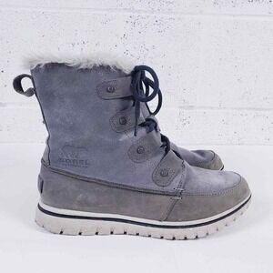 Sorel Tivoli III Waterproof Boots Grey Suede Faux Fur Trim Lace Up Womens 7